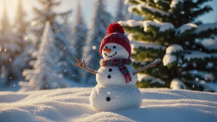 Fototapeta premium Cute snowman and fir tree on winter snowy nature background Christmas and new year concept winter holiday season copy space.