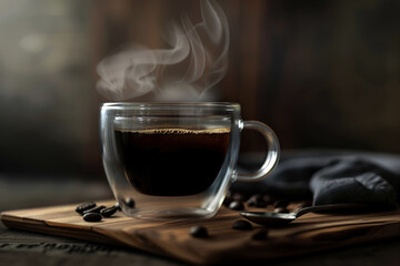 Fototapeta premium Glass cup of black coffee on scattered coffee beans displayed on wooden table.