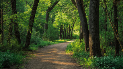 Naklejka premium Serene Forest Path Sunlight Filtering