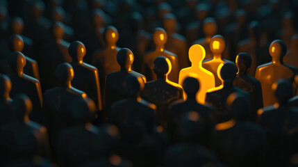 Abstract human shapes standing out from the crowd on blue background