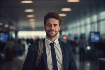 Business man in an airport smiling forward in the air, in the style of light teal and light gray,...