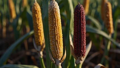 Indian corn on blurred farm field background with copy space, close up, concept of autumn harvest, October festival, Thanksgiving celebration.