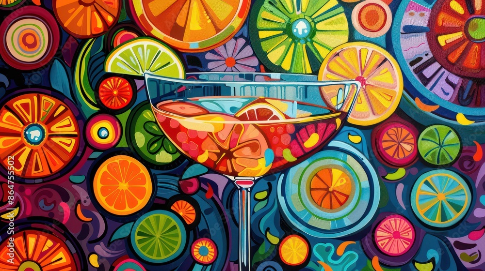 Poster a colorful painting of a glass of wine with a slice of lime in it