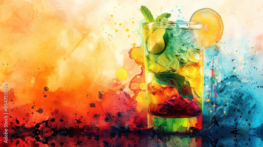 Poster a colorful drink in a glass with a lime wedge on top