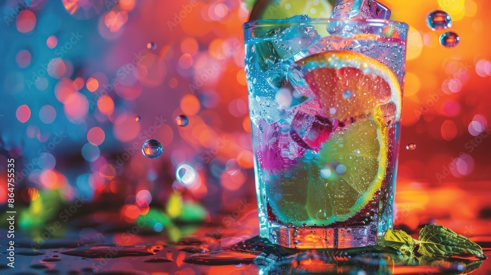 Poster a glass of a colorful drink with a lime wedge in it