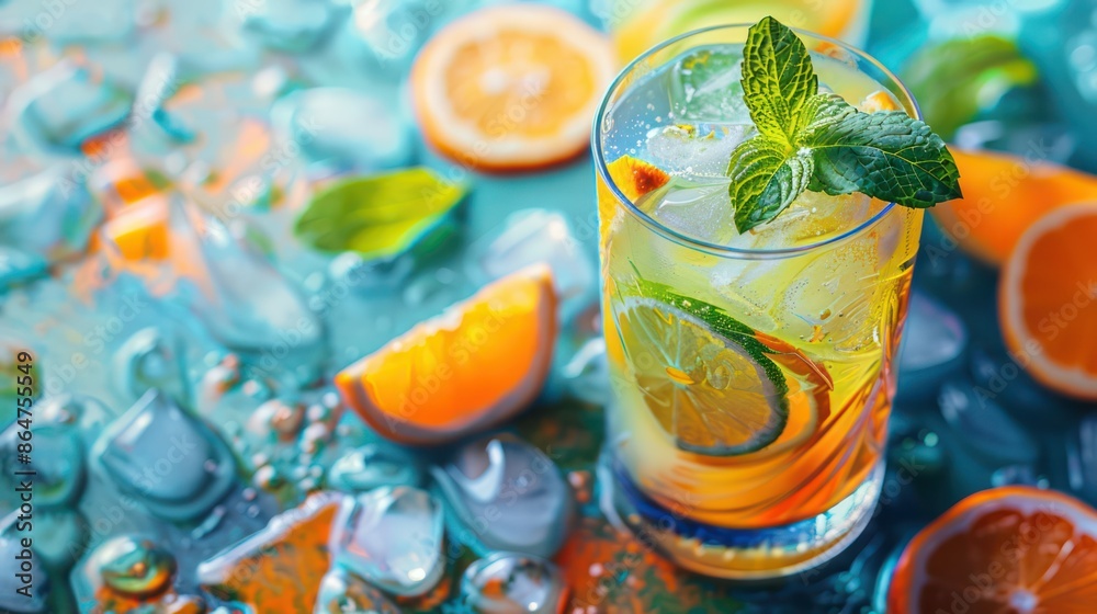 Poster a glass of orange and lime juice with a few slices of oranges on the table