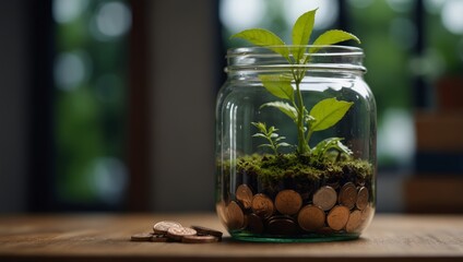 Green plant in jar with coins symbolizes financial growth.