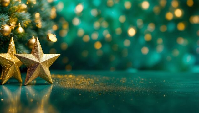 New years Christmas gold green star background web banner with copy space Christmas teal green and golden abstract glitter bokeh background Selective focus.