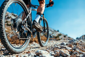 a professional mountain biker riding on rocky terrain, side view of the bike and rider wearing black shorts with blue accents and white socks, focus is wheel close up shot, blue sky in background,