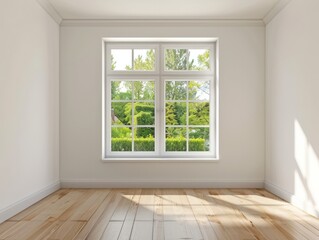 Empty white living room with only a few pieces of furniture, small Windows looking out onto the garden, wooden floors, natural light