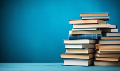 Stack of Books on a Blue Background