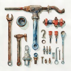 Fototapeta premium Vintage Industrial Tools and Hardware Collection on White Background - Wrenches, Valves, Bolts, and Fittings