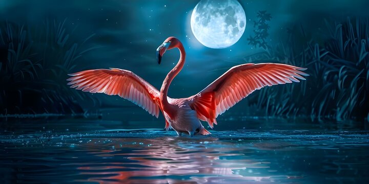 Flamingo with outstretched wings and legs in water under a full moon. Concept Flamingo, Outstretched Wings, Legs, Water, Full Moon