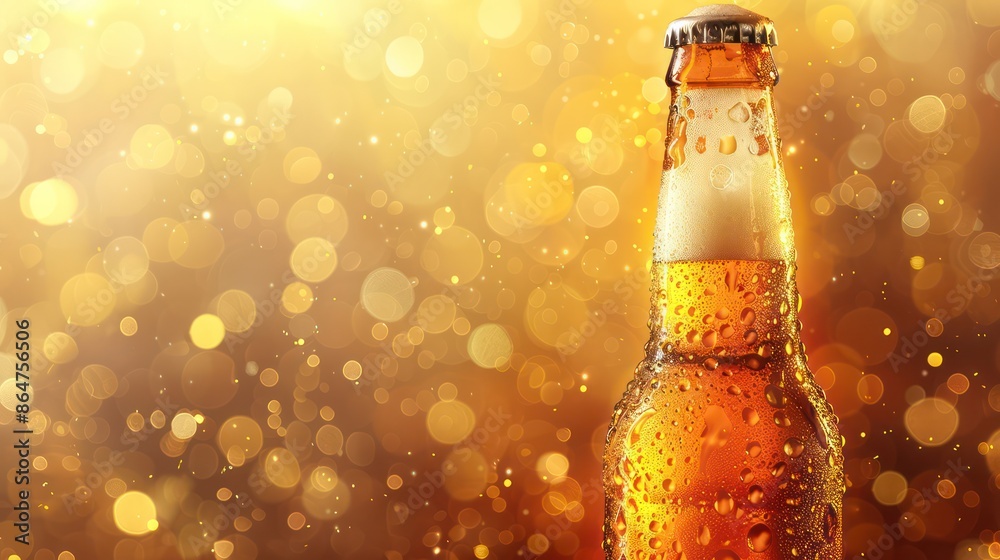 Poster a bottle of beer is sitting on a table with a blurry background