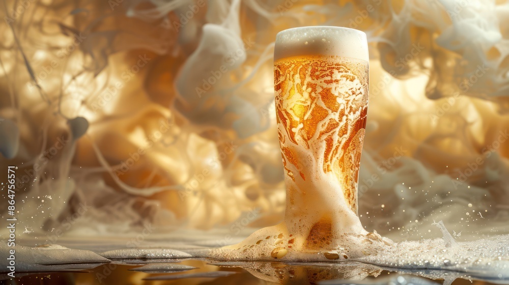 Aufkleber a glass of beer with foam on top is sitting on a table
