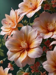 Fototapeta premium Peach and Pink Flowers on Green Background.