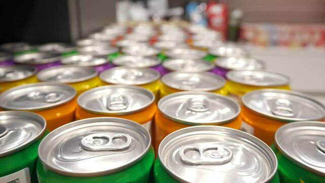Colorful soda cans on supermarket shelf
