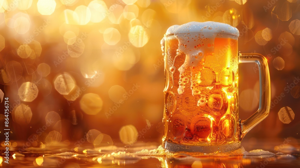 Poster a glass of beer with foam on top sits on a table