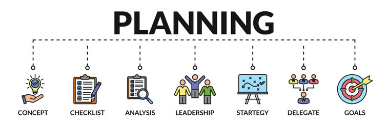 Banner of planning web vector illustration concept with icons of concept, checklist, analysis, leadership, strategy, delegate, goals