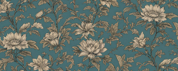 A seamless wallpaper pattern featuring white and brown floral designs on a teal background