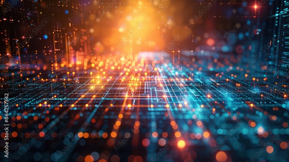Poster a computer generated image of a cityscape with bright orange and blue lights