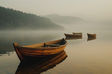 Obraz premium Three Wooden Boats on a Misty Lake