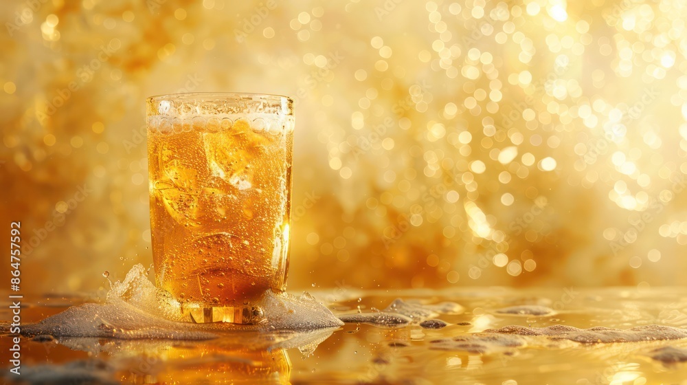 Poster a glass of beer with ice cubes in it is sitting on a table
