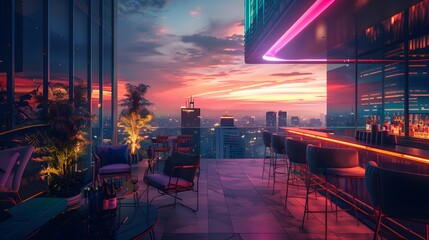 welcome summer wallpaper with copy space, highlighting a posh rooftop bar with stylish seating,...