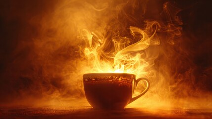 A cup of coffee is on a table with smoke coming out of it