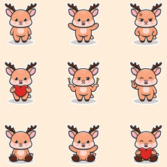 Cute Deer character different poses illustration. Cartoon character design. Flat Cartoon Style. Cute Animal Set.