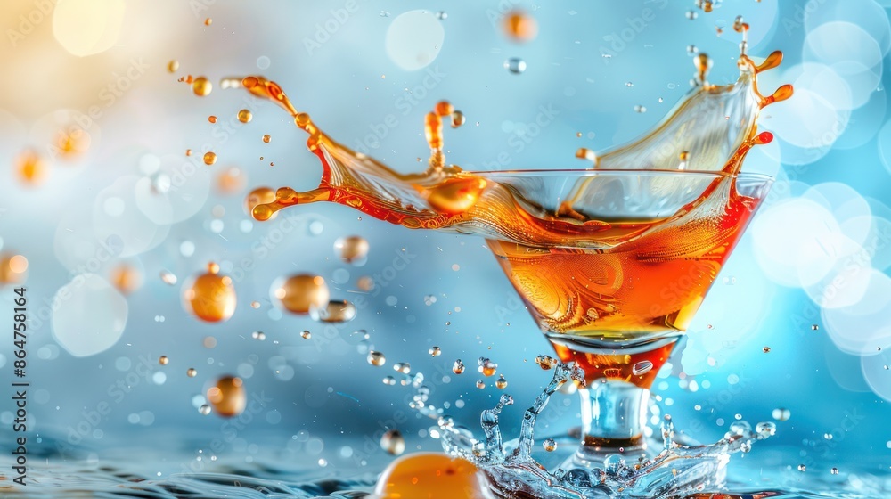 Poster a glass of liquid with a splash of it on the table