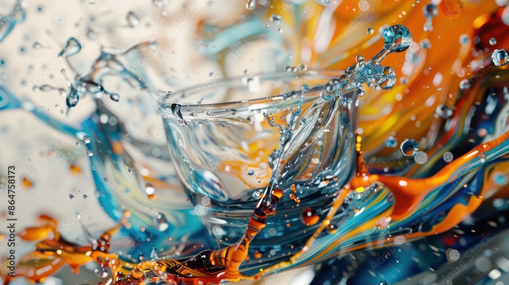 Poster A splash of water is splashing out of a glass, creating a colorful