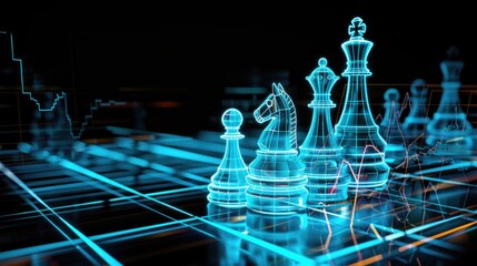 Concept of Strategy business ideas for Innovation planing and planing idea chess competition,futuristic graphic icon and gold chess board game black color tone with financial stock line background