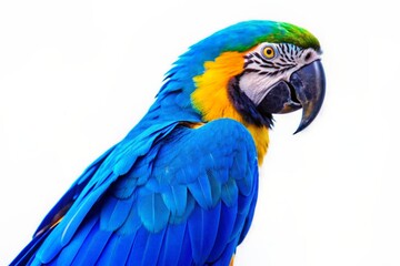 Fototapeta premium close-up of a flying blue and yellow macaw also known as blue and gold macaw on white background