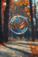 Single autumn leaf floating inside a soap bubble in the forest