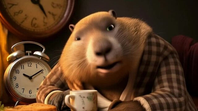 Groundhog Dressed in a Cozy Jacket Having Breakfast with a Cup of Tea or Coffee. Vintage Clocks in The Background. Morning Routine and Groundhog Day