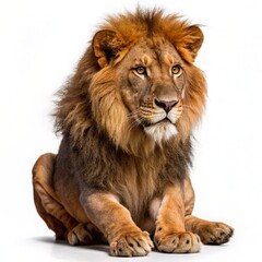 Fototapeta premium Lion sitting, looking away, Panthera Leo, 10 years old, isolated on white