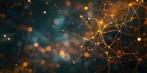 Illustration of artificial intelligence neural activity with glowing neural connections on a dark background. Concept Artificial Intelligence, Neural Activity, Glowing Connections, Dark Background