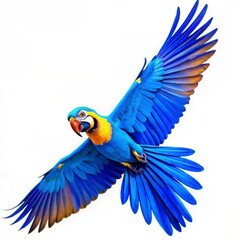 Fototapeta premium close-up of a flying blue and yellow macaw also known as blue and gold macaw on white background