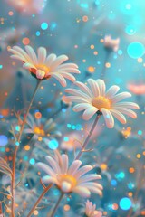 Delicate white daisies blooming in magical garden with sparkling bokeh
