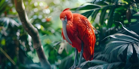 Scarlet ibis preening feathers in a zoo Capturing wildlife photography in a natural setting. Concept Wildlife Photography, Scarlet Ibis, Zoo, Preening Feathers, Natural Setting