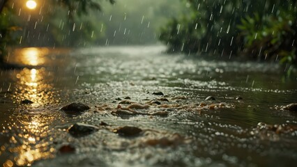 Fototapeta premium Rain Falling On River With Golden Light Reflection.