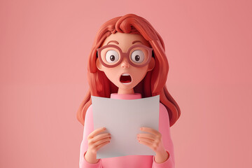 3D cartoon, a young woman holding up bill papers with surprise and shock face.
