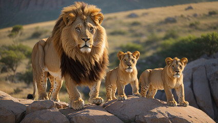 There are three lions standing on a rock outcropping.