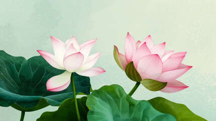 Watercolor illustration of a mesmerizing lotus bloom with pearlescent pinks and delicate greens, bright simple watercolour background 