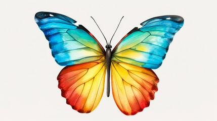 Obraz premium Watercolor illustration of a neon butterfly with iridescent cyans and luminous yellows, bright simple watercolour background 