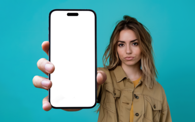 Close up of a smartphone being held by a woman, transparent png - easy modification