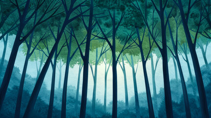 Obraz premium Watercolor illustration of a surreal forest canopy with luminescent emeralds and twilight indigos, bright simple watercolour background 