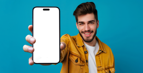 Close up of a smartphone being held by a happy man, transparent png - easy modification