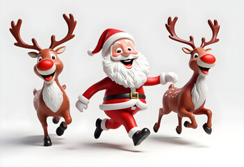 Santa Claus and his two reindeer smiling happily against a white background